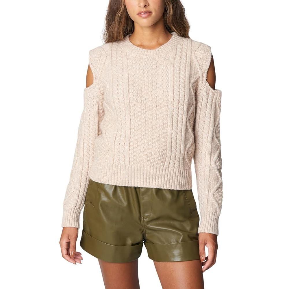 [BLANKNYC] Beige Crew Neck Cable‎ Knit Cut Out Cold Shoulder Sweater Size Large